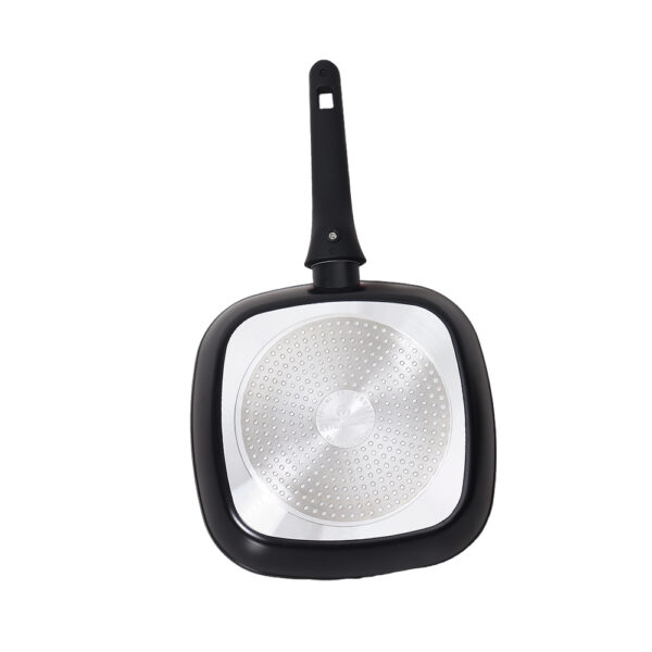New non - stick steak square pan from the factory, with black exterior and orange interior, suitable for induction cookers.