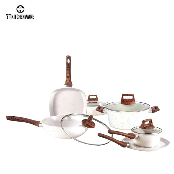 Stylish Speckle White Aluminum Cookware: Wood-Grain Handles, Durable Craft & Certified Safety – Factory Price Deals