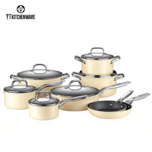 008 Cream Enamel Cookware Set – Stylish Mirror-Finish Handles, Durable Nonstick, Factory-Direct Quality