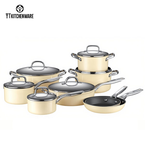 008 Cream Enamel Cookware Set – Stylish Mirror-Finish Handles, Durable Nonstick, Factory-Direct Quality