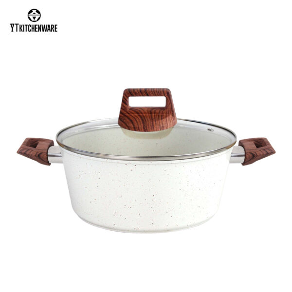 Stylish Speckle White Aluminum Cookware: Wood-Grain Handles, Durable Craft & Certified Safety – Factory Price Deals