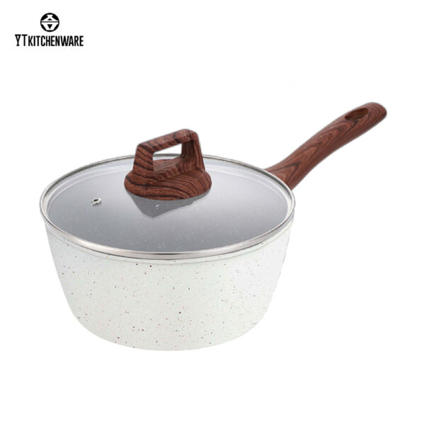 Stylish Speckle White Aluminum Cookware: Wood-Grain Handles, Durable Craft & Certified Safety – Factory Price Deals
