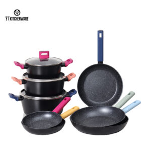 Factory-Direct Forged Aluminum Cookware Set – Color Silicone Handles, Certified Nonstick Coating, Ready for Global Markets