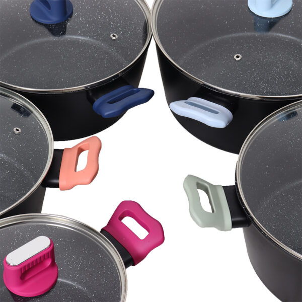 by2537 (16) Factory-Direct Forged Aluminum Cookware Set – Color Silicone Handles, Certified Nonstick Coating, Ready for Global Markets