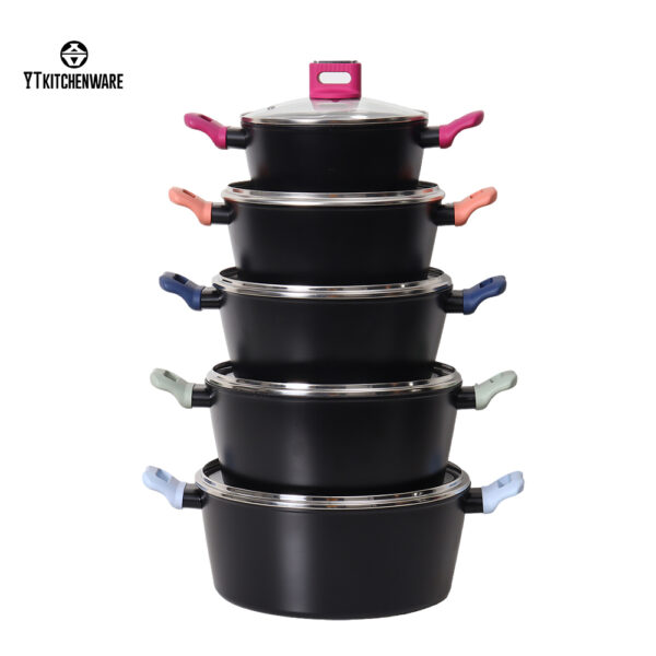 by2537 (4) Factory-Direct Forged Aluminum Cookware Set – Color Silicone Handles, Certified Nonstick Coating, Ready for Global Markets