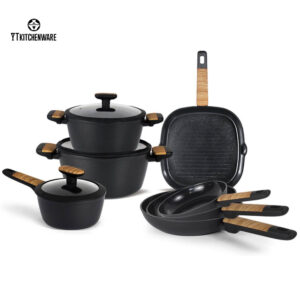Premium Forged Aluminum Cookware Set with Wood-Look Handles – Nonstick, Durable, Factory Direct
