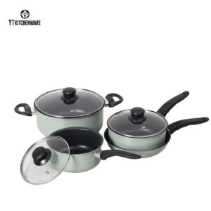 Sage Green Impress Culinary Edge Aluminum Cookware Set: Non-Stick, Glass Lids, Heat-Resistant Handles (Factory Direct)