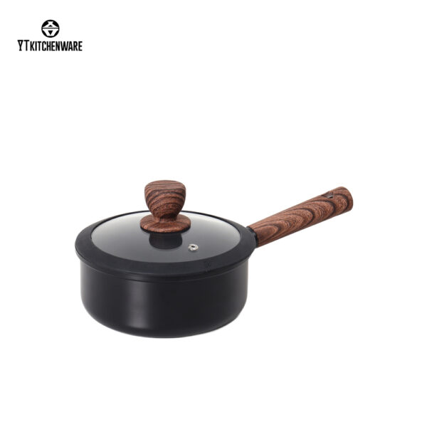 Black Impress Rolled Edge Aluminum Cookware Set with Wood-Grain Handles Non-Stick Tempered Glass Lids for Home/Hotel Kitchen