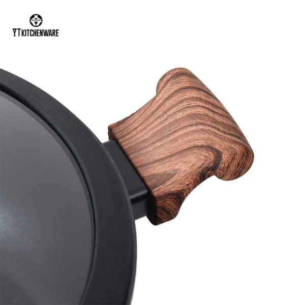 Black Impress Rolled Edge Aluminum Cookware Set with Wood-Grain Handles Non-Stick Tempered Glass Lids for Home/Hotel Kitchen