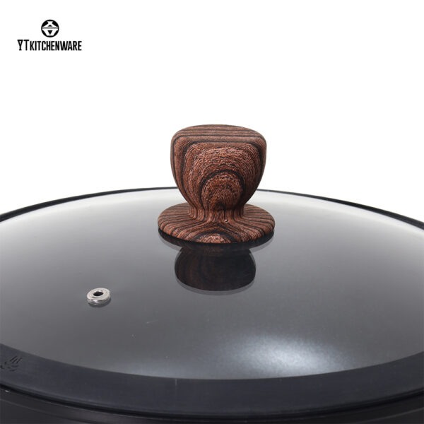 Black Impress Rolled Edge Aluminum Cookware Set with Wood-Grain Handles Non-Stick Tempered Glass Lids for Home/Hotel Kitchen