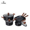 Black Impress Rolled Edge Aluminum Cookware Set with Wood-Grain Handles Non-Stick Tempered Glass Lids for Home/Hotel Kitchen
