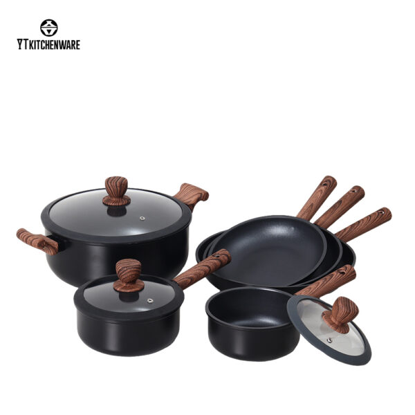 Black Impress Rolled Edge Aluminum Cookware Set with Wood-Grain Handles Non-Stick Tempered Glass Lids for Home/Hotel Kitchen