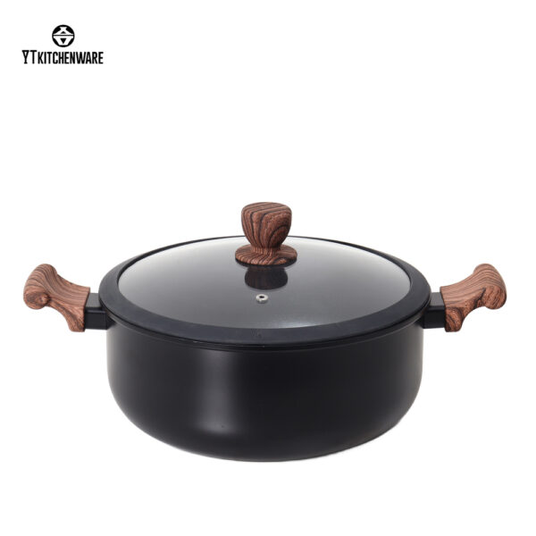 Black Impress Rolled Edge Aluminum Cookware Set with Wood-Grain Handles Non-Stick Tempered Glass Lids for Home/Hotel Kitchen