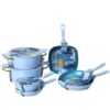 Glacial Blue Speckled Forged Cookware Set with Gold Accent Handles & Tempered Glass Lids