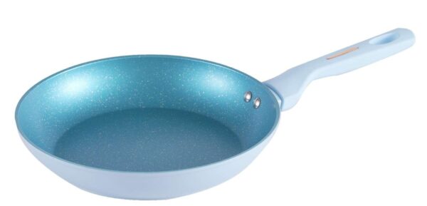 Glacial Blue Speckled Forged Cookware Set with Gold Accent Handles & Tempered Glass Lids