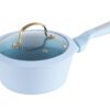 Glacial Blue Speckled Forged Cookware Set with Gold Accent Handles & Tempered Glass Lids