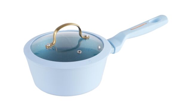 Glacial Blue Speckled Forged Cookware Set with Gold Accent Handles & Tempered Glass Lids