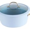 Glacial Blue Speckled Forged Cookware Set with Gold Accent Handles & Tempered Glass Lids