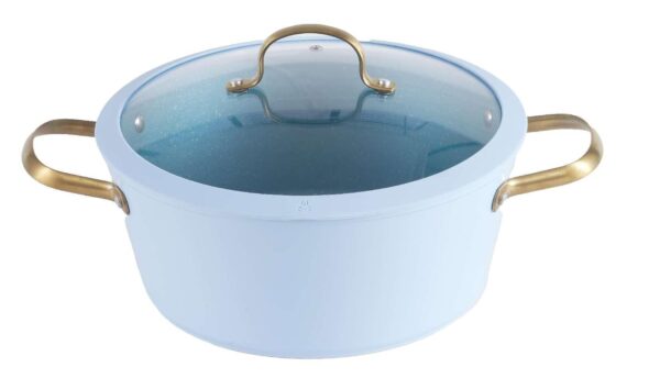 Glacial Blue Speckled Forged Cookware Set with Gold Accent Handles & Tempered Glass Lids
