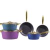 Elegant Ribbed Aluminum Nonstick Cookware Set with Luxury Gold Handles – Factory Direct Supply