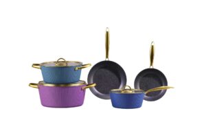 Elegant Ribbed Aluminum Nonstick Cookware Set with Luxury Gold Handles – Factory Direct Supply