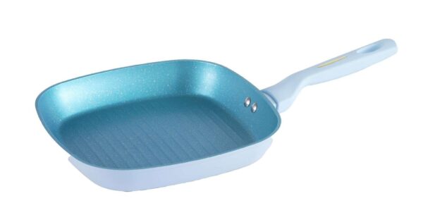 Glacial Blue Speckled Forged Cookware Set with Gold Accent Handles & Tempered Glass Lids