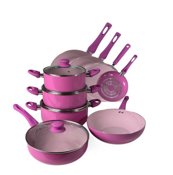 Candy Floss Pink & Cloud White Stretched Ceramic Pot & Pan Set with Shatter-Resistant Lids and Comfort-Grip Handles