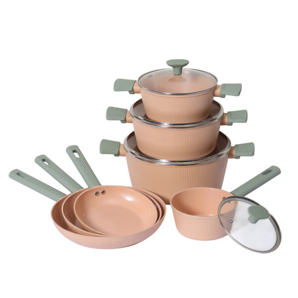 11-Piece Vertical Striped Aluminum Non-Stick Cookware Set with Glass Lids