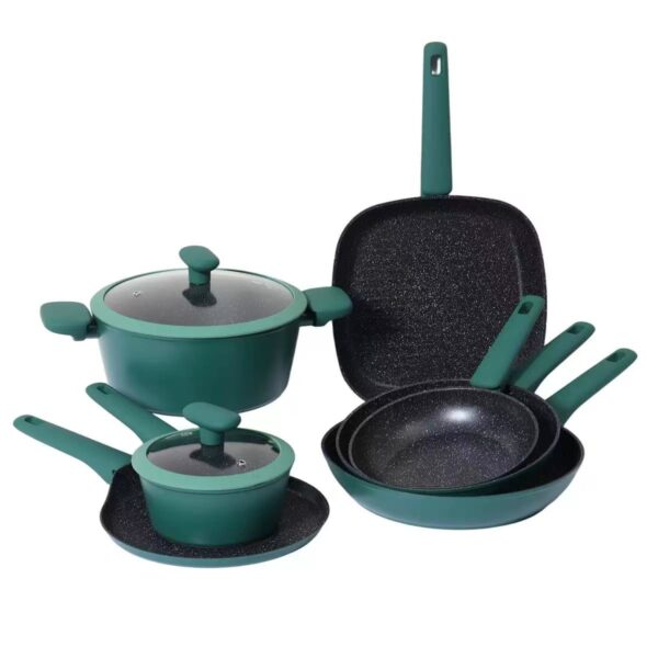 04be5fe4f437fe0ff58f2b18b7e77104 9-Piece Forest Green Non-Stick Aluminum Cookware Set with Black Granite Interior