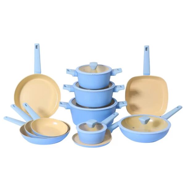 16-Piece Sky Blue & Cream Non-Stick Aluminum Cookware Set
