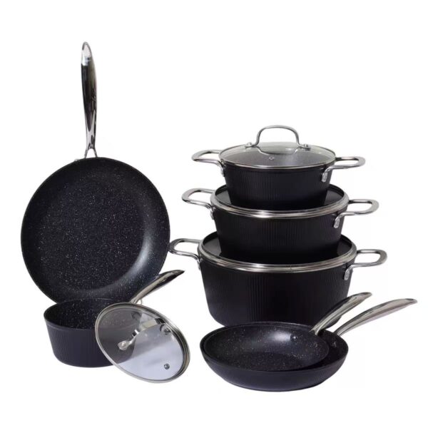 2f20d6ff458aaae214adbb896c13a9a7 10-Piece Black Ribbed Non-Stick Aluminum Cookware Set with Stainless Steel Handles