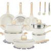 17-Piece White/Black Granite Non-Stick Aluminum Cookware Set with Wood Handles, Glass Lids, Steamer, Egg Pan & Utensils