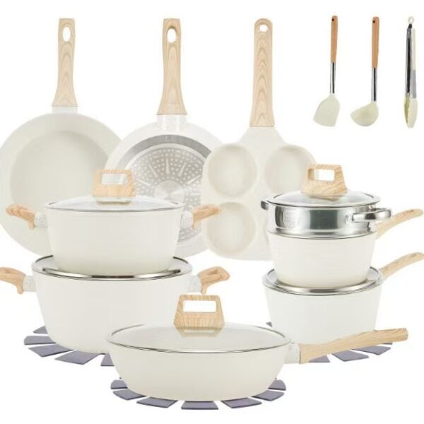 17-Piece White/Black Granite Non-Stick Aluminum Cookware Set with Wood Handles, Glass Lids, Steamer, Egg Pan & Utensils