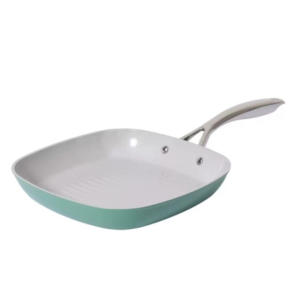 308ccb67beb6926359f82f9109a63bdd 14-Piece Sage Green & White Non-Stick Aluminum Cookware Set with Stainless Steel Handles