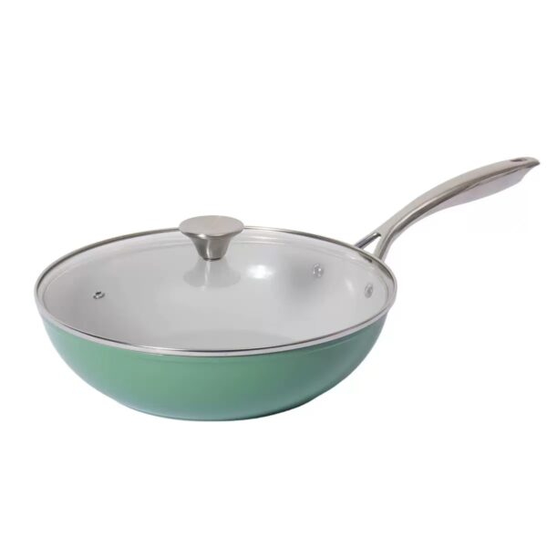 34ba13fef91b6b1442ac691aa8fdc4bd 14-Piece Sage Green & White Non-Stick Aluminum Cookware Set with Stainless Steel Handles