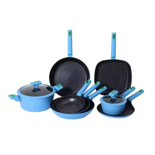 3972868fa45f7ed7980b4f1f4d6ffcc6 10-Piece Bright Blue Non-Stick Aluminum Cookware Set with Green Accents