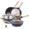 9-Piece White/Black Granite Non-Stick Aluminum Cookware Set with Wood-Look Handles & Glass Lids