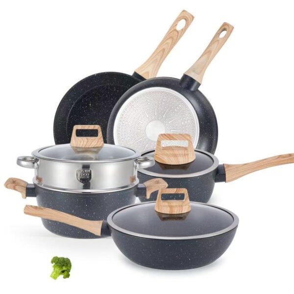 9-Piece White/Black Granite Non-Stick Aluminum Cookware Set with Wood-Look Handles & Glass Lids