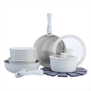 14-Piece Removable Handle Non-Stick Aluminum Cookware Set with Stackable Pots, Lids & Protectors