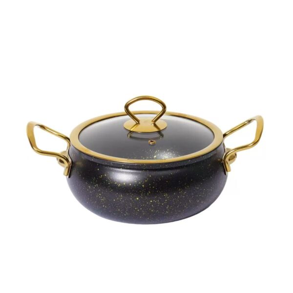4d7622a33e697d02b49f8d7938852a73 9-Piece Black Gold-Speckled Non-Stick Aluminum Cookware Set with Gold Accents