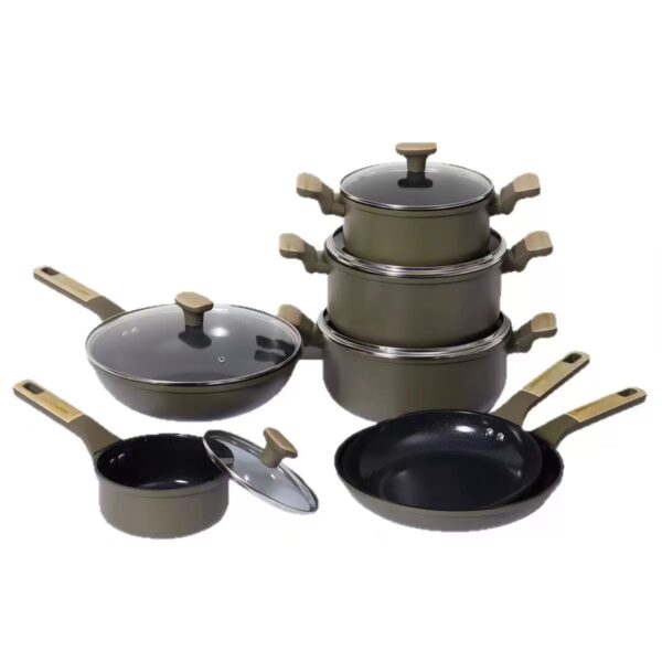 12-Piece Olive Green Non-Stick Aluminum Cookware Set with Wood-Effect Handles