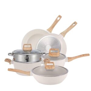 9-Piece White/Black Granite Non-Stick Aluminum Cookware Set with Wood-Look Handles & Glass Lids