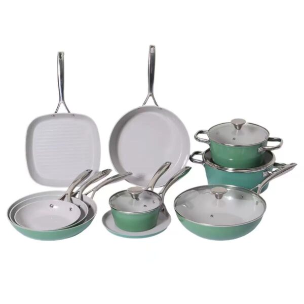 5e32e7d5275892f794a1af3f0ab96ccd 14-Piece Sage Green & White Non-Stick Aluminum Cookware Set with Stainless Steel Handles