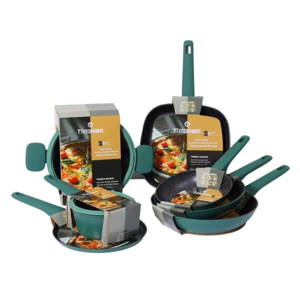 6178da2388cdcb6f43b8d49f6a2b2101 9-Piece Forest Green Non-Stick Aluminum Cookware Set with Black Granite Interior