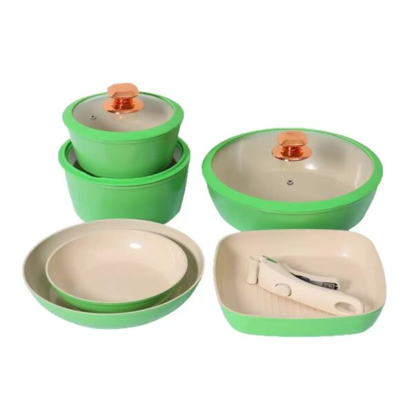 6dfa77ee24de1c328c22950648ade62c 10-Piece Green & Beige Non-Stick Aluminum Cookware Set with Detachable Handles