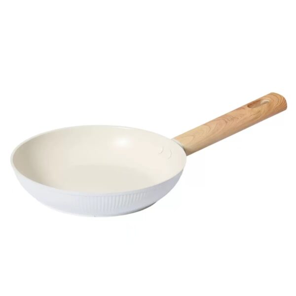 9-Piece Cream White Ribbed Non-Stick Cookware Set with Wood-Effect Handles