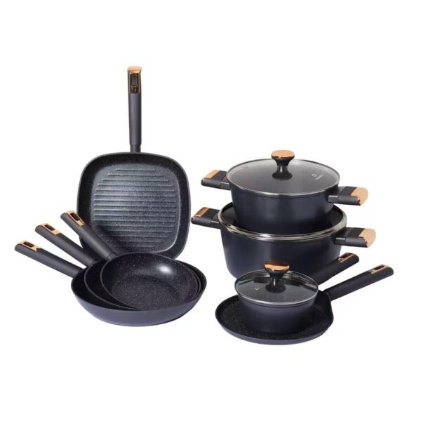 7650a8971a62922a6d2815d56bdb571c 11-Piece Black Non-Stick Aluminum Cookware Set with Rose Gold Accents