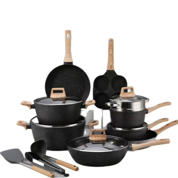 17-Piece White/Black Granite Non-Stick Aluminum Cookware Set with Wood Handles, Glass Lids, Steamer, Egg Pan & Utensils
