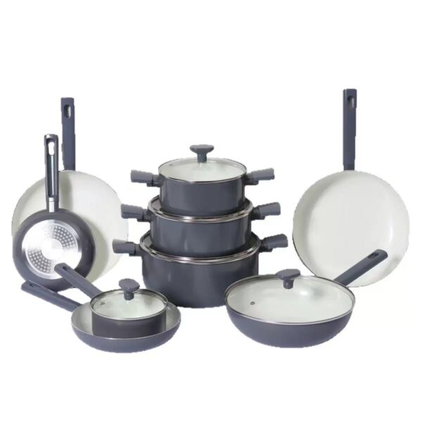 8d1764dedc3a04c3e18dc1e1e9dc0433 14-Piece Grey & White Non-Stick Aluminum Cookware Set
