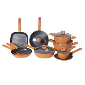 9a1cd7d7466cd8480d43f77248d998b0 15-Piece Orange Non-Stick Aluminum Cookware Set with Black Granite Interior & Pink Accents